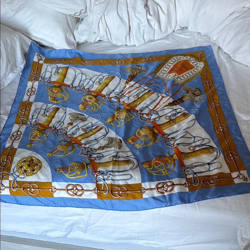 Hermes Blue and Gold Equestrian Scarf